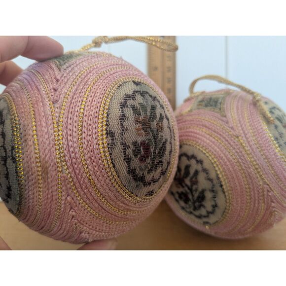 Vintage Embroidered Christmas Ball Ornaments - Needlepoint - Pink, Floral - Picture 4 of 6
